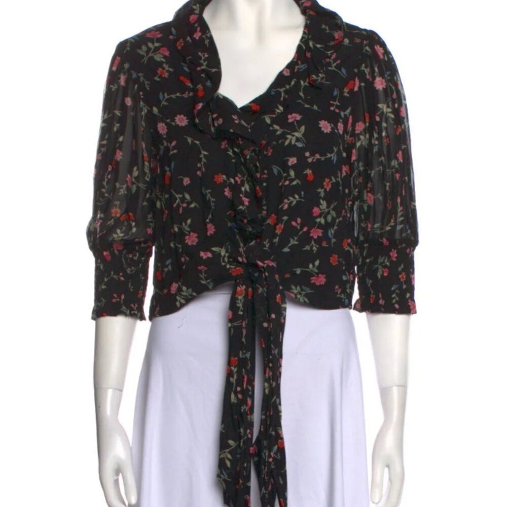 Ganni Paradise Elm Black Floral Cropped wrap blouse - SIze M